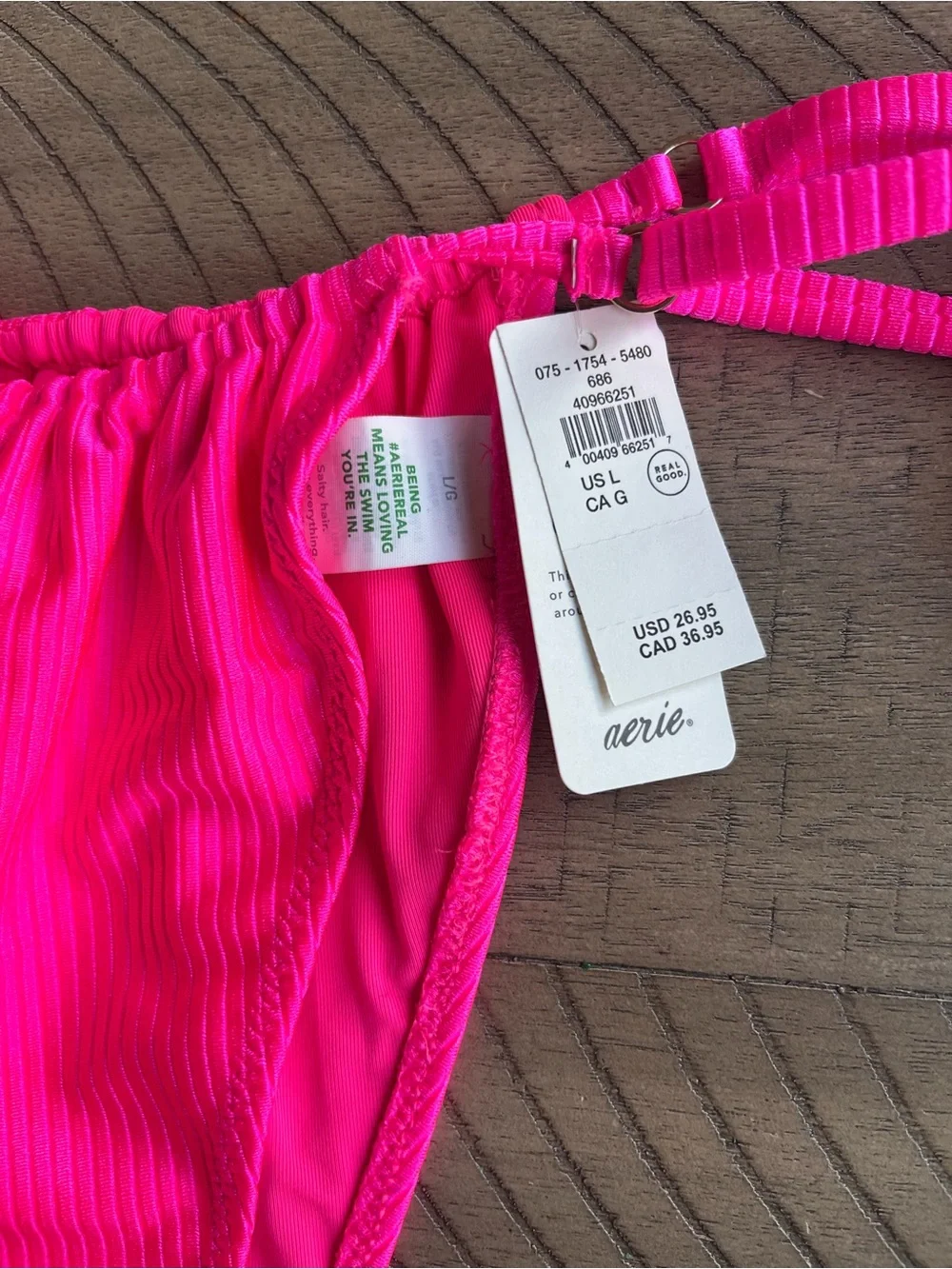 NWT Aerie Ribbed Bikini Triangle Top Cheekiest Tie Side Bottoms Large Hot Pink